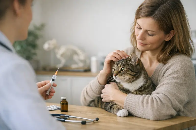 Katzenimpfungen und Krankenversicherung Eine Katze beim Tierarzt, wo Impfungen für die Gesundheit der Katze besprochen werden.