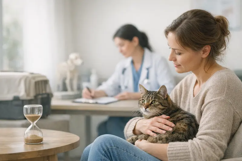 Wartezeiten bei Katzenversicherungen Eine Katze sitzt mit einem Tierarzt im Untersuchungsraum, was die Wichtigkeit von Wartezeiten für die Krankenversicherung verdeutlicht.