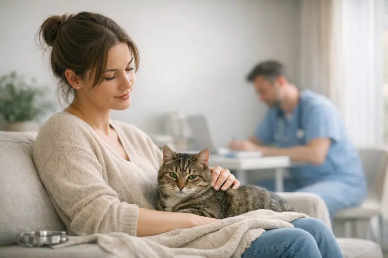 Wartezeiten in der Katzenkrankenversicherung Eine Katze mit einem Tierarzt, die die Bedeutung der Wartezeiten für Krankenversicherungen erklärt.