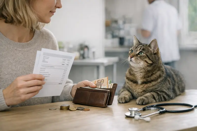 Eine Katze sitzt gesund und munter in der Tierarztpraxis, während der Besitzer über die Selbstbeteiligung bei der Katzenkrankenversicherung informiert wird.
