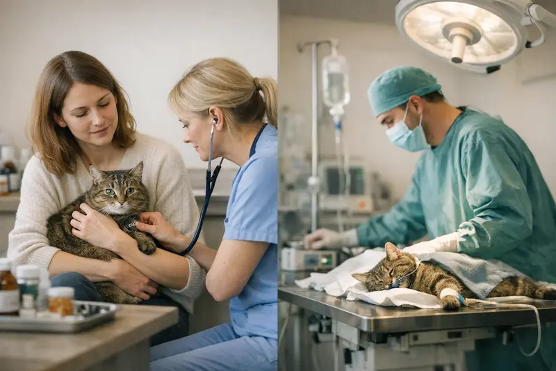Untersuchung einer Katze beim Tierarzt Eine Katze beim Tierarzt zur Untersuchung, symbolisch für die Unterschiede zwischen Katzenkrankenversicherung und OP-Versicherung.