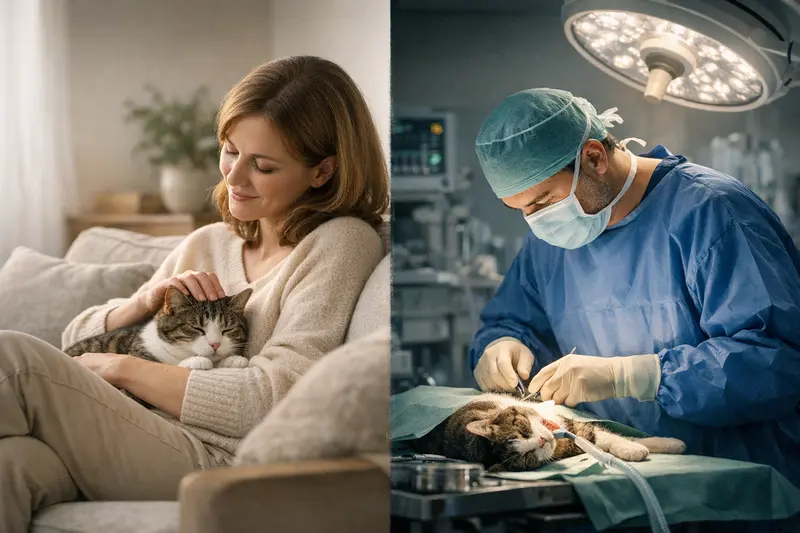 Unterschied zwischen Katzenkrankenversicherung und OP-Versicherung Eine Katze mit einem Tierarzt, die die Unterschiede zwischen Katzenkrankenversicherung und OP-Versicherung erklärt.