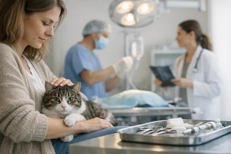 Untersuchung einer Katze beim Tierarzt Eine Katze beim Tierarzt, die untersucht wird, symbolisiert den Unterschied zwischen Katzenkrankenversicherung und OP-Versicherung.