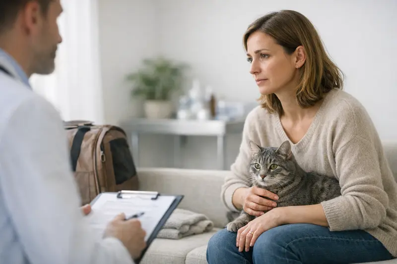 Tierarztuntersuchung bei Vorerkrankungen von Katzen Ein Tierarzt untersucht eine Katze mit Verletzung, um Vorerkrankungen zu überprüfen.