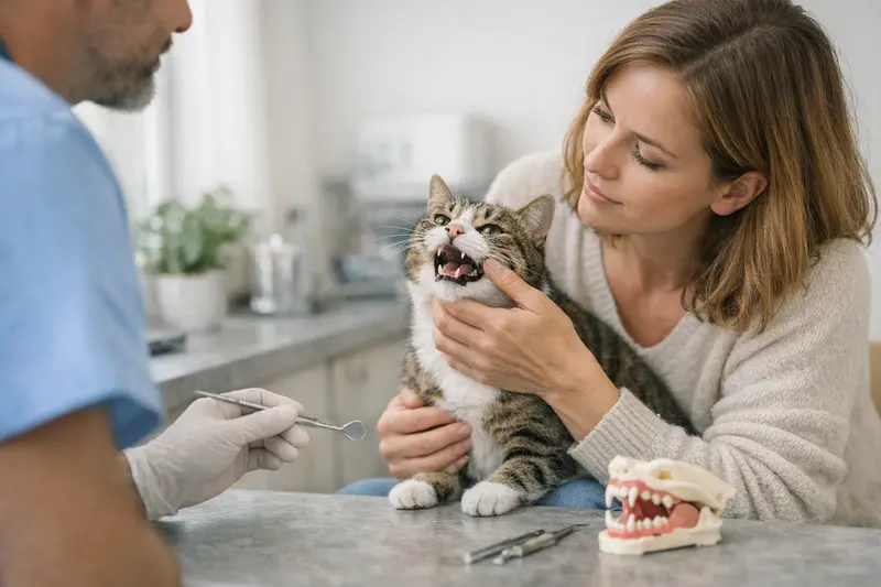 Tierarzt untersucht das Gebiss einer Katze für Zahnbehandlungen.