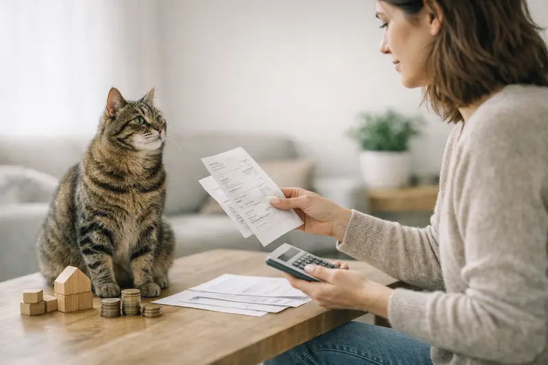 Katzenbesitzerin mit ihrer Katze beim Tierarzt, die die Bedeutung von Selbstbeteiligung und Jahreslimit erklärt.