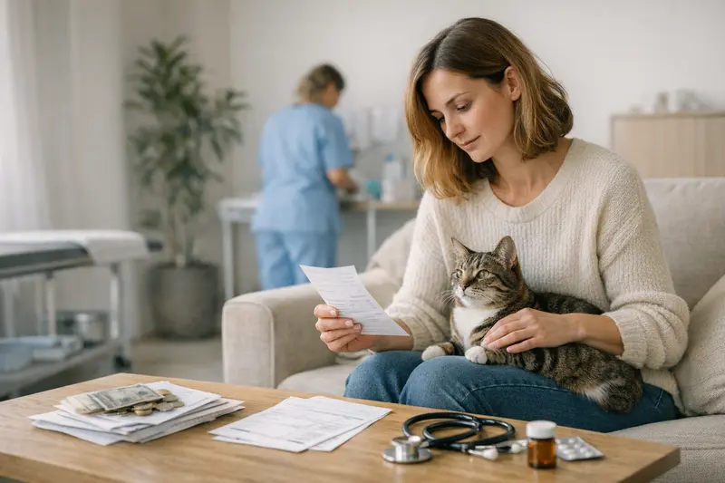 Katzenkrankenversicherung Selbstbeteiligung Ein Katze sitzt neugierig bei einem Tierarzt und schaut auf die Rechnung.