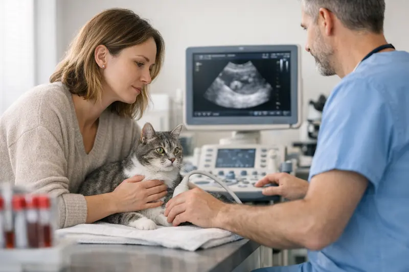 Tierarztbesuch Katze Laboruntersuchung Ein Tierarzt untersucht eine Katze und führt eine Laboruntersuchung durch.