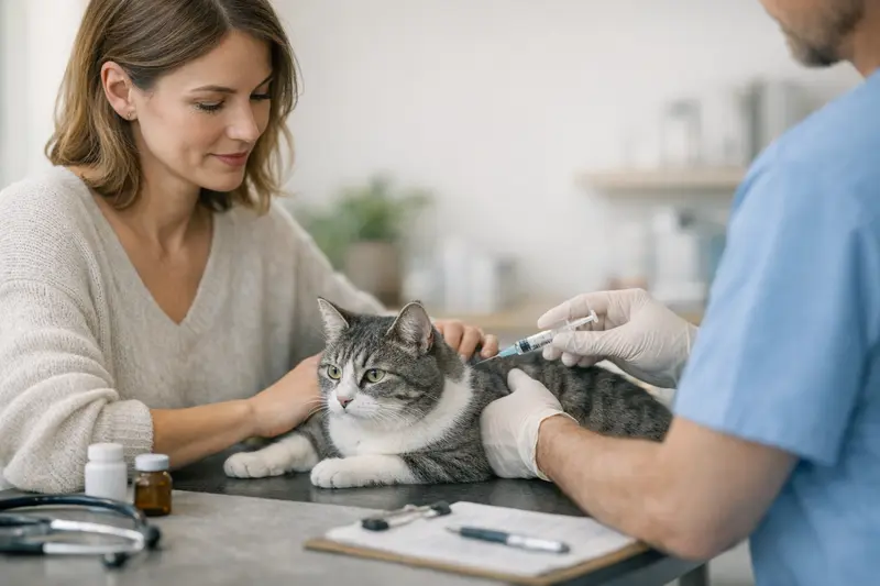 Katzenarzt Vorsorgeuntersuchung Eine Katze beim Tierarzt für Vorsorgeuntersuchungen wie Impfungen.