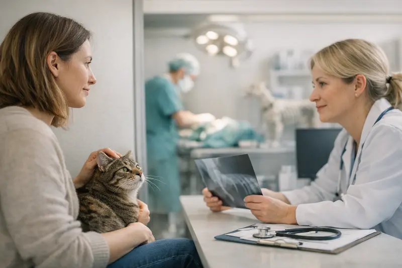 Unterschied Katzenkrankenversicherung und OP-Versicherung Ärztliche Untersuchung einer Katze, die den Unterschied zwischen Katzenkrankenversicherung und OP-Versicherung veranschaulicht.