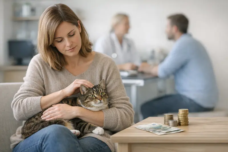 Selbstbeteiligung in der Katzenkrankenversicherung Eine Katze sitzt im Wartezimmer beim Tierarzt und wartet auf die Untersuchung.