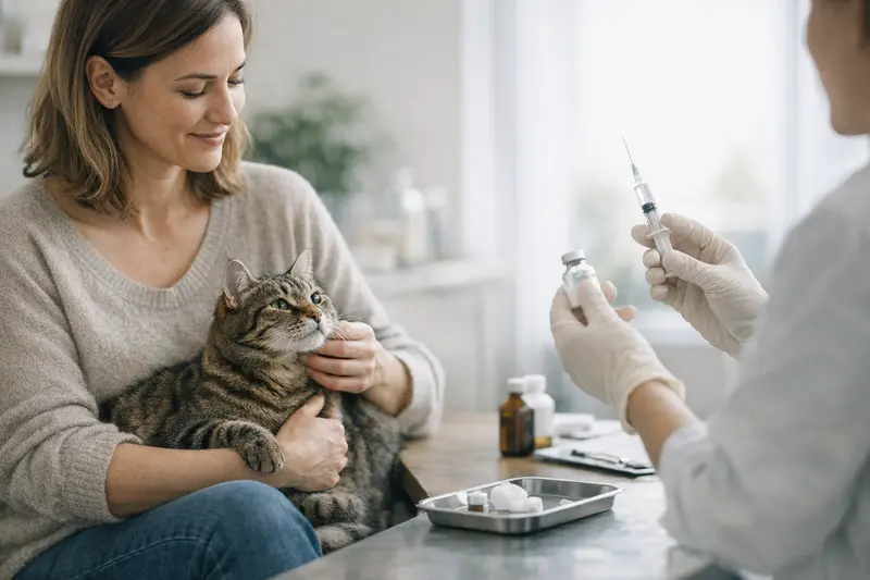 Katzenkrankenschutz und Vorsorge Eine Katze wird beim Tierarzt geimpft und erhält Vorsorgeuntersuchung.
