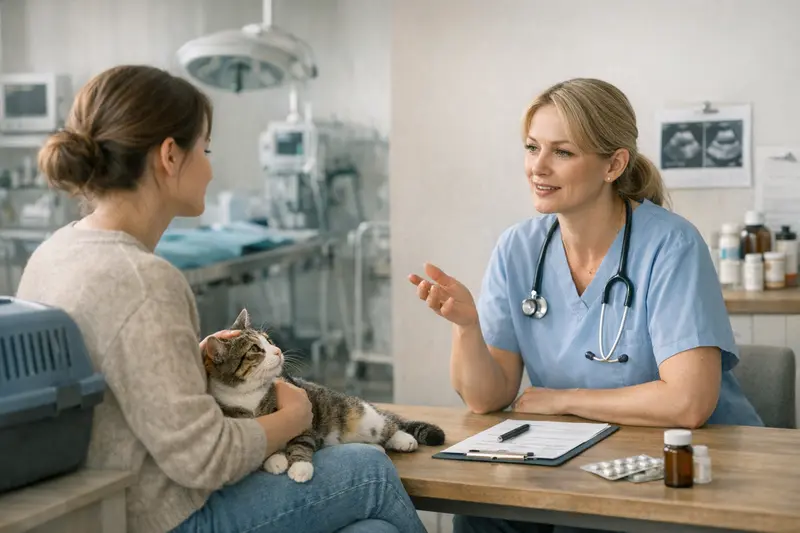 Ein Tierarzt erklärt einer Katzenhalterin den Unterschied zwischen OP-Versicherung und Katzenkrankenversicherung.
