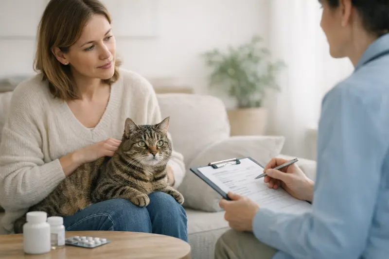 Eine Katze wird beim Tierarzt untersucht, um ihre Vorerkrankungen zu prüfen.