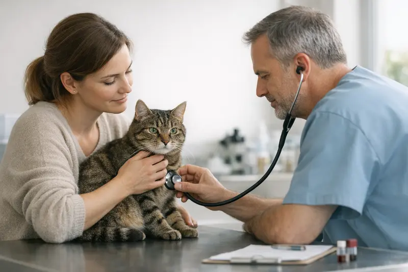 Gesunde Katze beim Tierarzt für regelmäßige Kontrolluntersuchung.