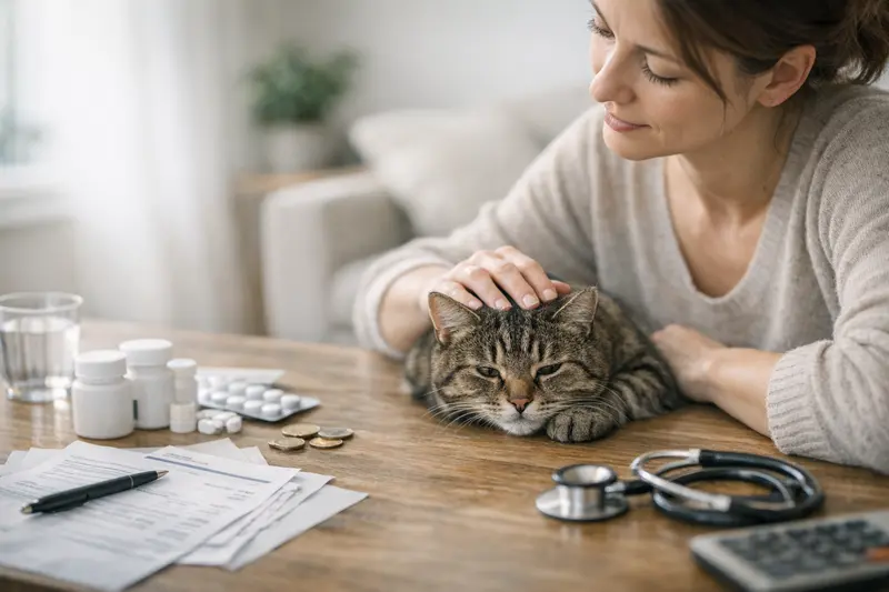 Eine Katze beim Tierarzt, die untersucht wird, um die Bedeutung von Selbstbeteiligung und Jahreslimit bei wiederkehrenden Kosten zu verdeutlichen.