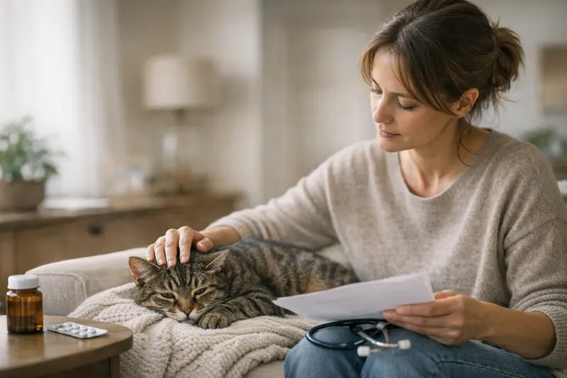 Katzenkrankenversicherung und Vorerkrankungen Eine Katze mit modernen medizinischen Hilfsmitteln, die auf eine tierärztliche Behandlung vorbereitet ist.