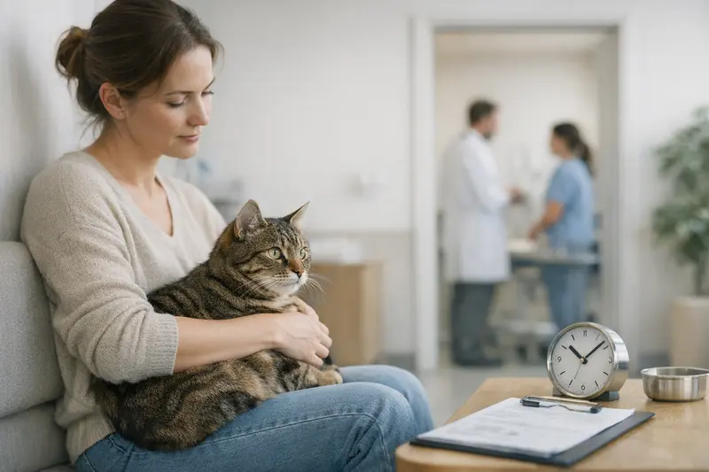 Bedeutung von Wartezeiten in der Katzenkrankenversicherung Eine Katze bei einer tierärztlichen Untersuchung, die die Bedeutung von Wartezeiten in der Krankenversicherung verdeutlicht.