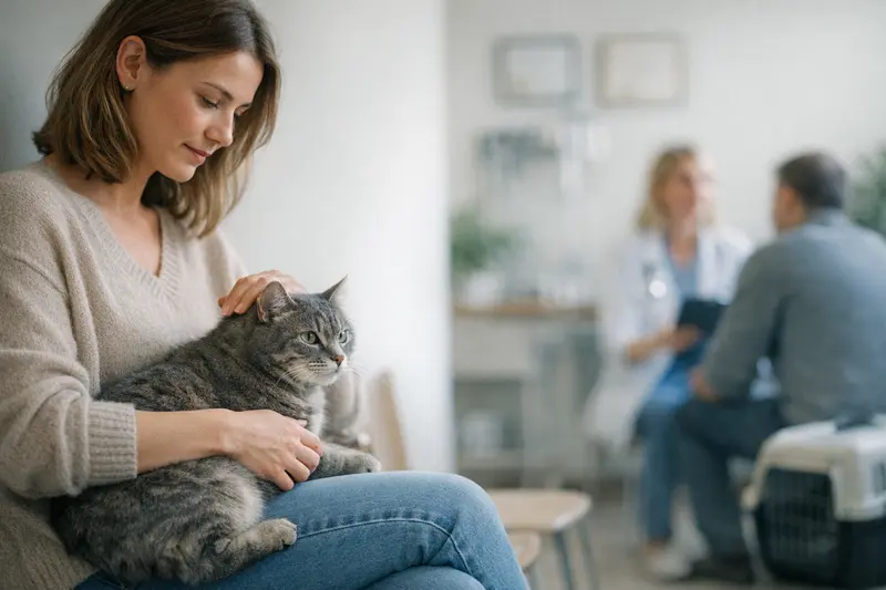Katzenversicherung und Wartezeiten Eine besorgte Katzenhalterin spricht mit einem Tierarzt über Versicherungsoptionen.