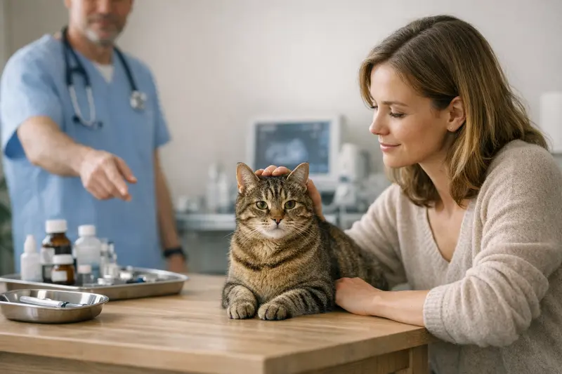Wohnungskatze und Katzenkrankenversicherung Eine entspannte Wohnungskatze liegt auf einem Bett, während Tierarztkosten und Versicherungsfragen diskutiert werden.