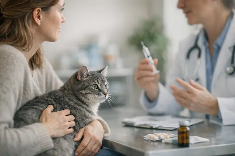 Katzenimpfung und Vorsorgeuntersuchung Eine Katze beim Tierarzt, die zur Impfung und Vorsorgeuntersuchung gebracht wird.
