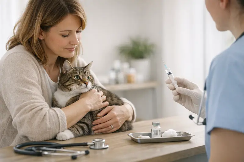Katze beim Tierarzt für Vorsorgeuntersuchung Tierarzt bei der Untersuchung einer Katze zur Impfberatung und Vorsorgeuntersuchung
