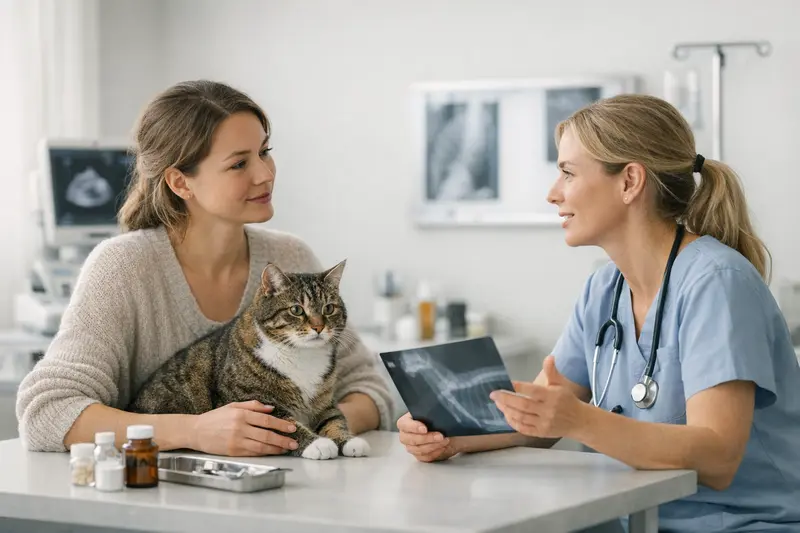 Tierärztliche Untersuchung einer Katze Eine gesunde Katze beim Tierarzt zur Untersuchung, symbolisiert die Leistungen einer Katzenkrankenversicherung.