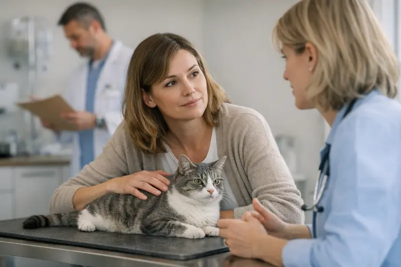 Tierarztbesuch einer Katze - Vorerkrankungen und Versicherungsschutz Eine Katze wird von einem Tierarzt untersucht, was die Bedeutung der Vorerkrankungen für den Versicherungsschutz verdeutlicht.