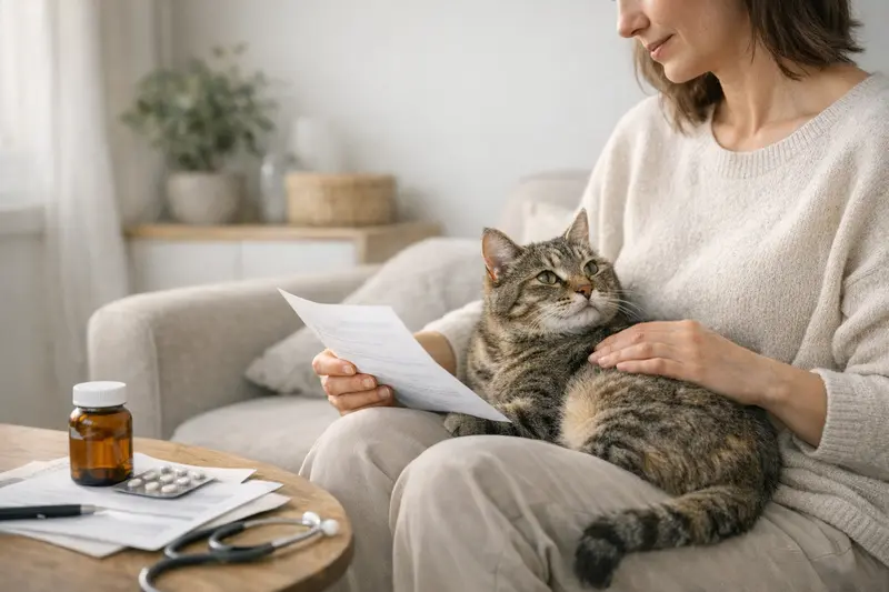 Ein besorgter Katzenhalter prüft Dokumente zur Vorerkrankung seiner Katze für die Versicherungsanmeldung.