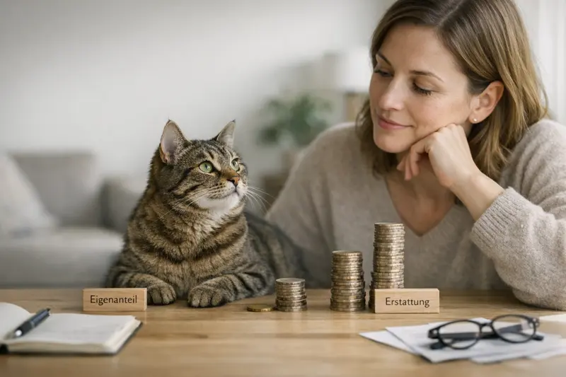 Eine Katze beim Tierarzt, die die Kosten für ihre Behandlung bespricht.