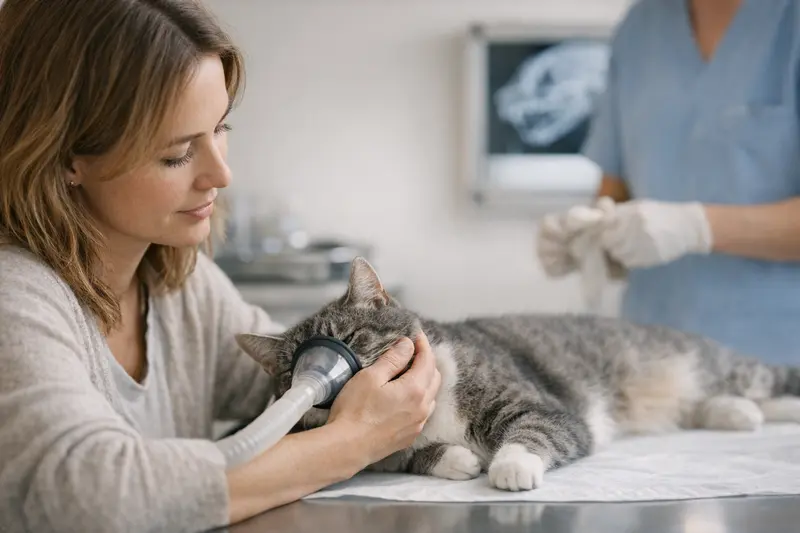 Tierarzt bei Zahnbehandlung einer Katze Ein Tierarzt untersucht eine Katze während einer Zahnbehandlung, inklusive Röntgenaufnahme.