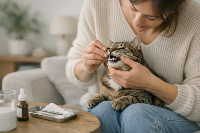 Katzenzahnbehandlung und Versicherungsschutz Eine Katze beim Tierarzt zur Zahnbehandlung, die mögliche Gingivitis und Zahnreinigung anspricht.