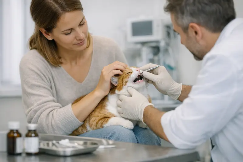 Zahnprobleme bei Katzen und ihre Kosten Eine Katze erhält zahnärztliche Untersuchung, die häufig hohe Kosten verursacht.