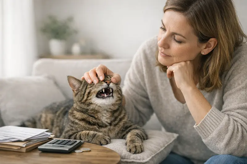 Eine Katze beim Tierarzt, die einer Zahnuntersuchung unterzogen wird.