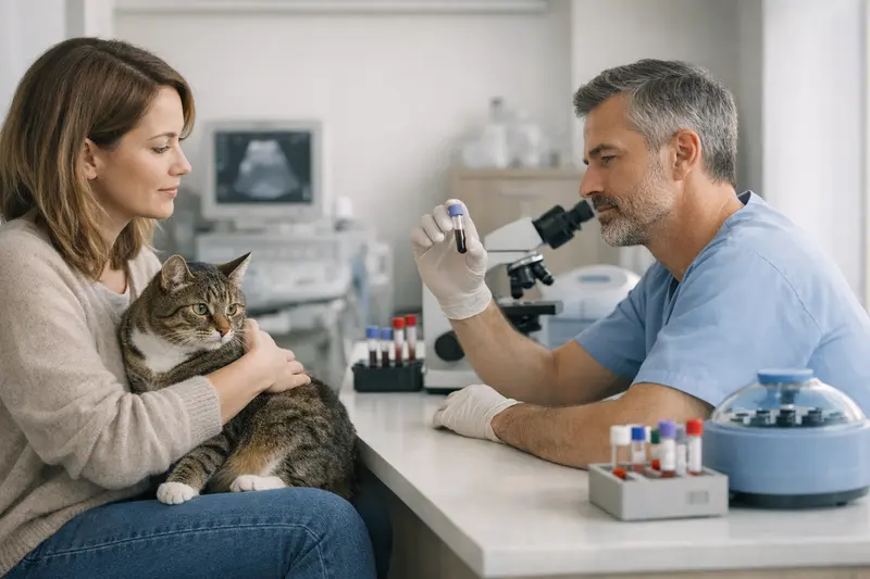 Tierarztuntersuchung bei einer Katze Eine Katze wird von einem Tierarzt untersucht, während Blutuntersuchungen durchgeführt werden.