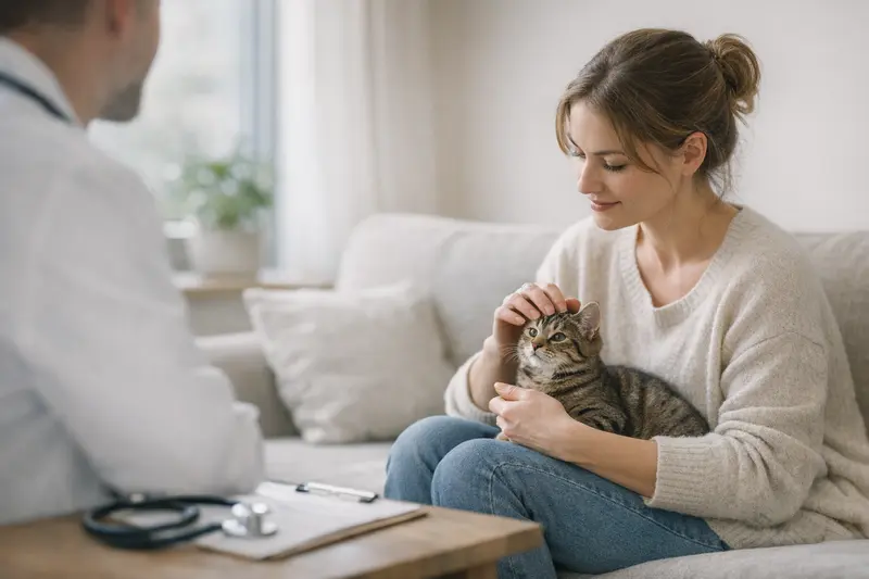 Eine Katze wird von einer Tierärztin untersucht, um frühzeitig gesundheitliche Probleme zu erkennen.