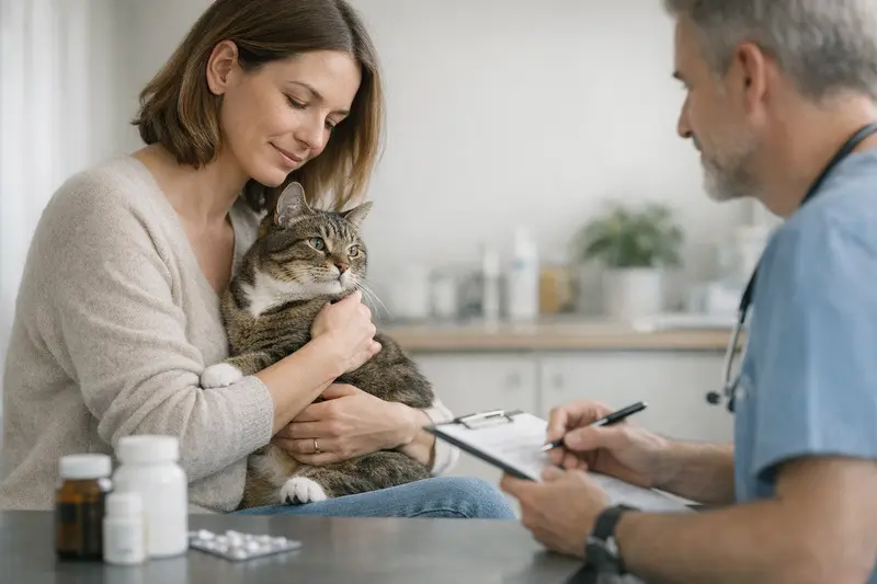 Tierärztliche Untersuchung einer Katze Eine Katze erhält eine tierärztliche Untersuchung zur Klärung von chronischen Erkrankungen.