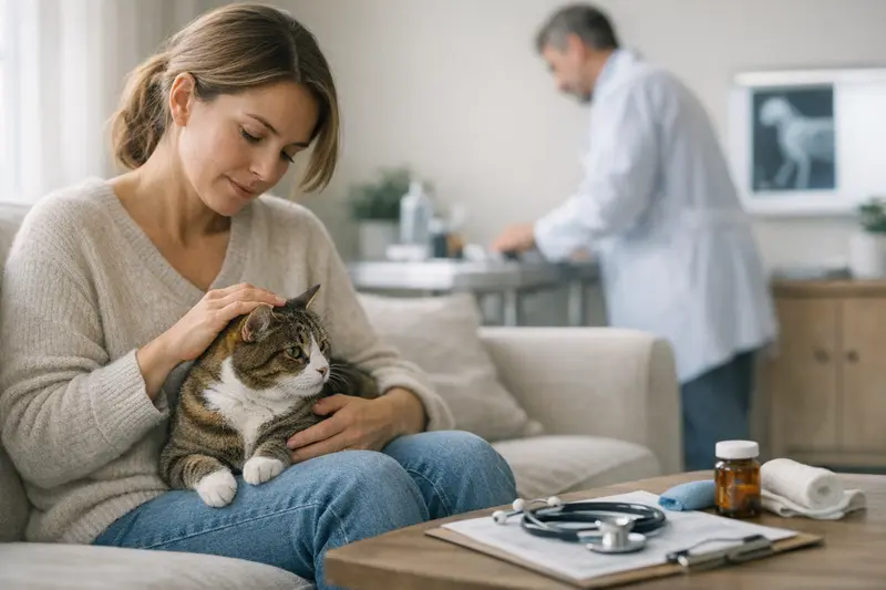 Katzenbesitzerin spricht mit Tierarzt über Vorsorgemaßnahmen und mögliche Behandlungskosten.
