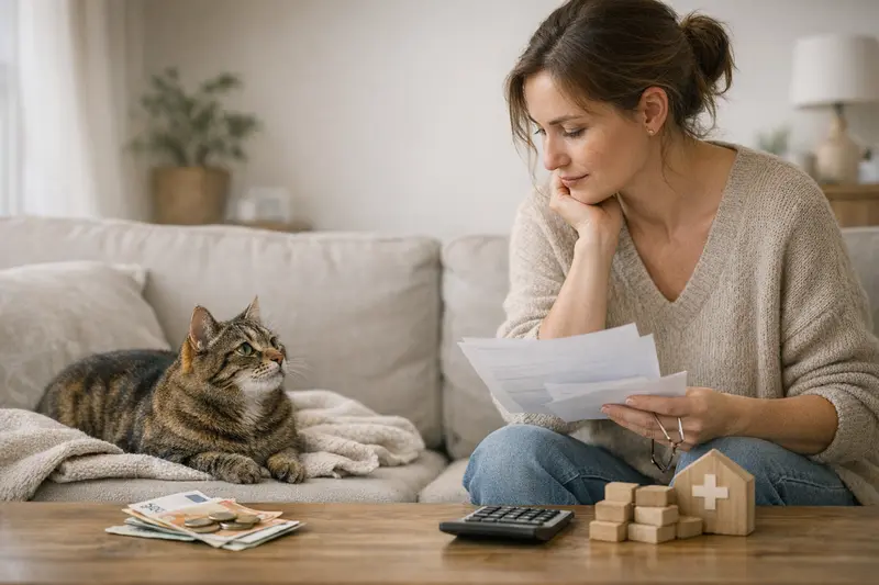 Katze beim Tierarzt Eine Katze entspannt auf einem Tierarztbesuch, während eine Besitzerin Informationen zur Katzenkrankenversicherung einholt.
