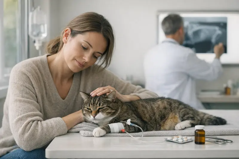 Katzenkrankheiten und Tierarztkosten Eine Katze beim Tierarzt zur Untersuchung wegen möglicher Krankheiten, die hohe Tierarztkosten verursachen können.