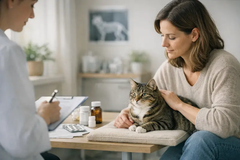 Eine Katze beim Tierarzt, die auf eine tiermedizinische Untersuchung vorbereitet wird, während die Halterin auf wichtige Tarifdetails achtet.