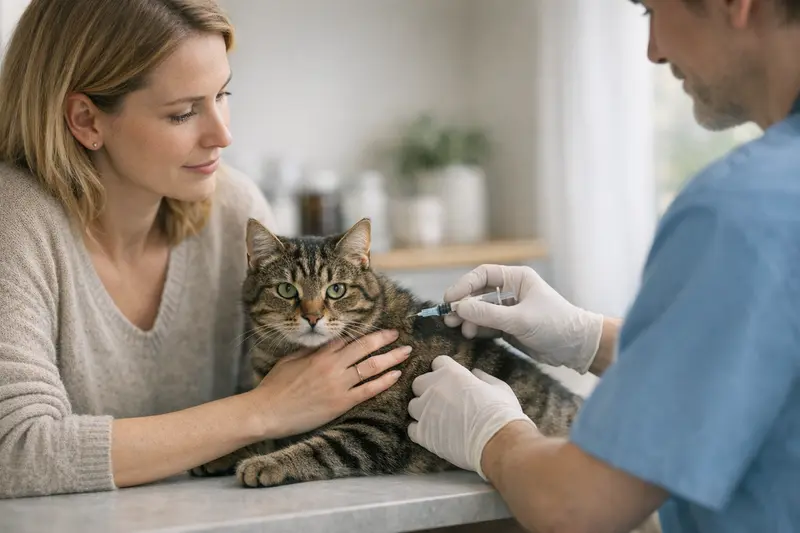 Eine Katze beim Tierarzt erhält eine Impfung zur Vorsorge.