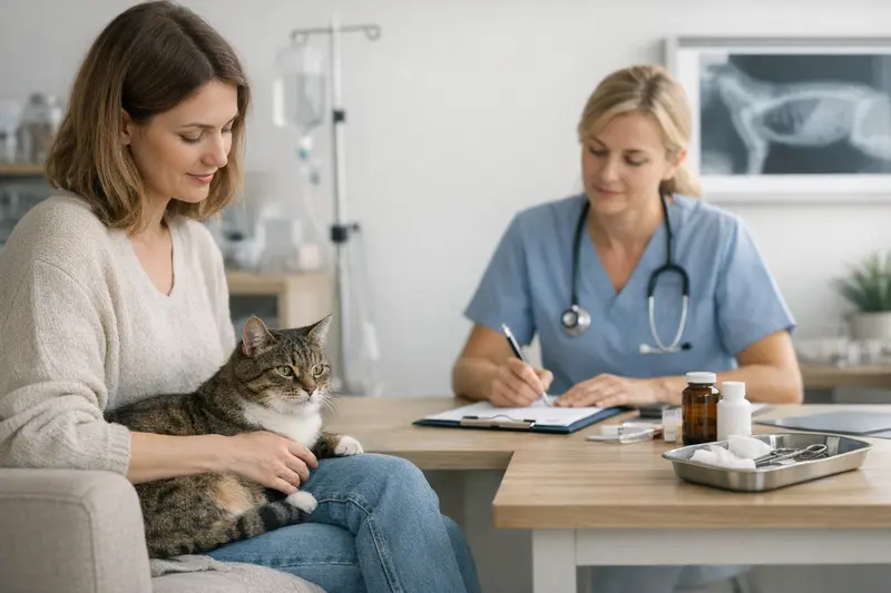 Eine Katze wird von einem Tierarzt untersucht, um die besten Versicherungsmöglichkeiten zu besprechen.
