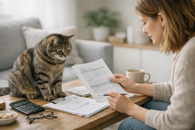 Eine Katze, die beim Tierarzt untersucht wird, um Tarifoptionen für eine Versicherung zu besprechen.