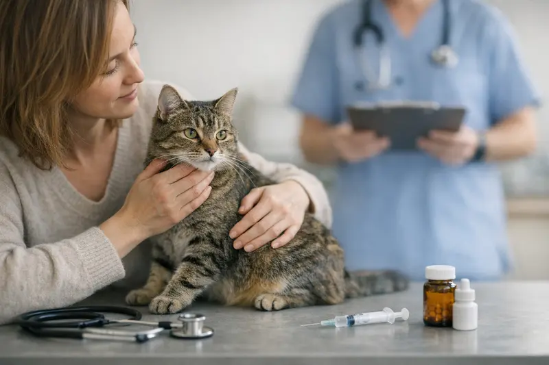 Vorsorgebaustein für Katzen Eine Katze beim Tierarzt für einen Vorsorgecheck, symbolisiert die Bedeutung der tierärztlichen Vorsorge.