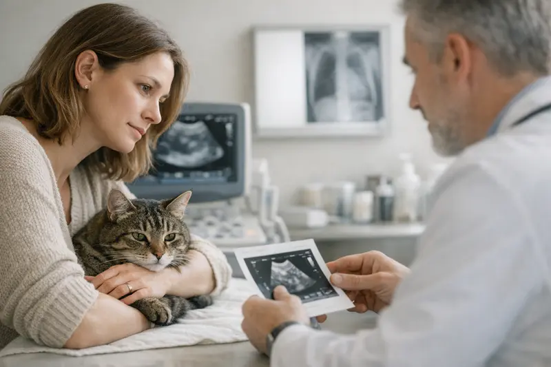 Katzenversicherung und Tierarztbesuch Eine Katze liegt beim Tierarzt zur Untersuchung wegen unklarer Symptome.