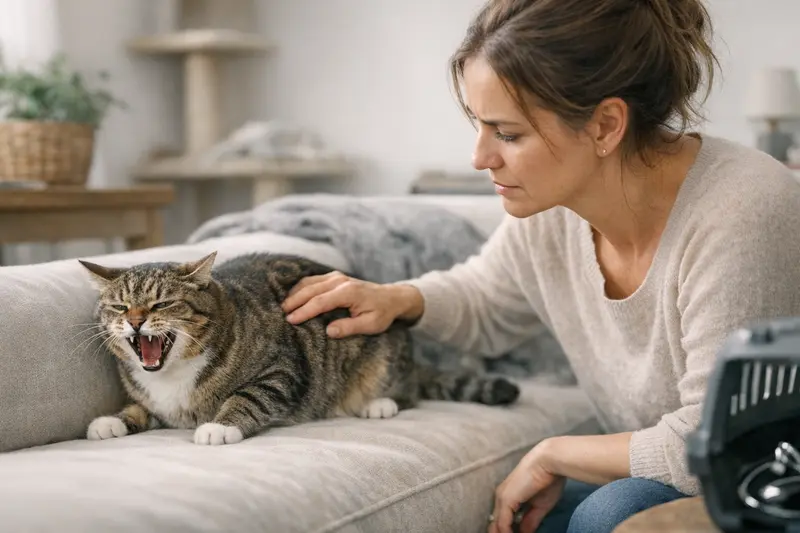 Warnsignale von Katzenlauten bei Schmerzen Eine Katze zeigt Anzeichen von Unwohlsein durch Jaulen und Knurren.