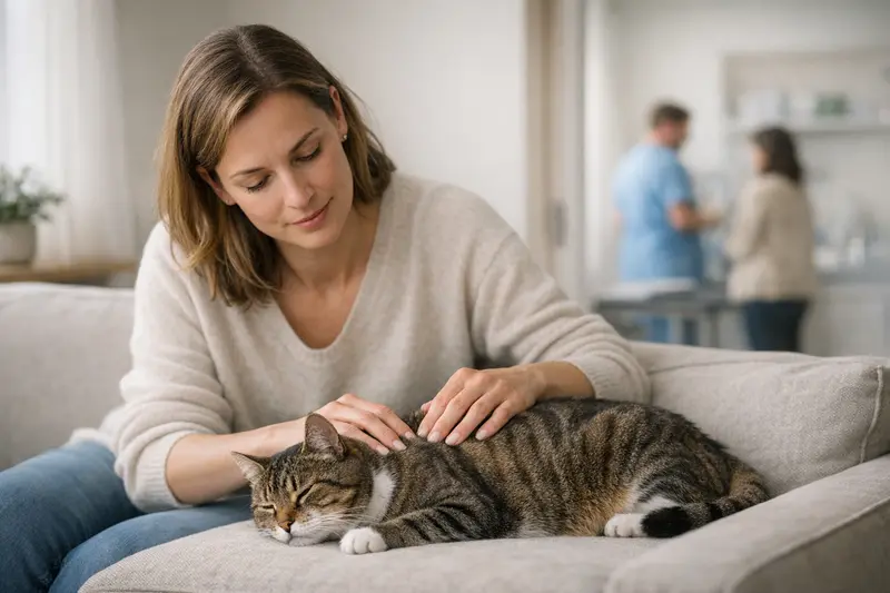 Eine Katze entspannt während einer Massage, während im Hintergrund die besorgte Besitzerin auf Veränderungen achtet.