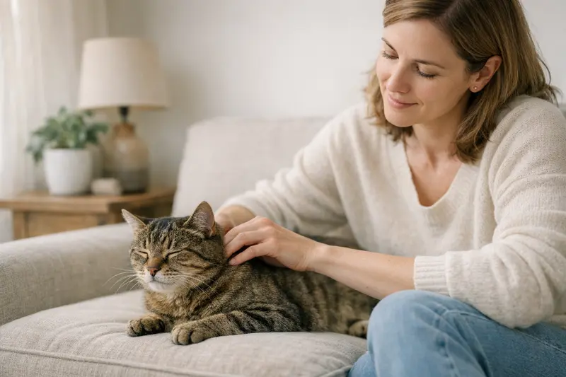 Eine Katze genießt eine sanfte Nackenmassage, was ihre Entspannung fördert.