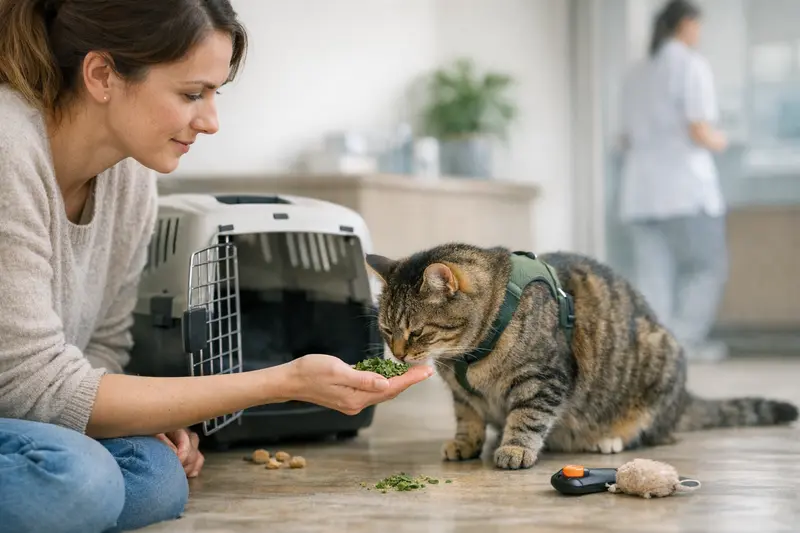 Eine Katze entspannt in ihrer Transportbox, während Katzenminze aus der Umgebung strömt.